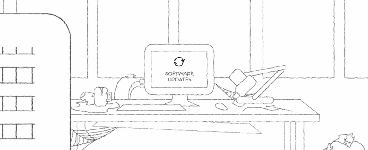A sketch of a computer desk featuring a computer with the text "Software Updates" displayed on the screen.
