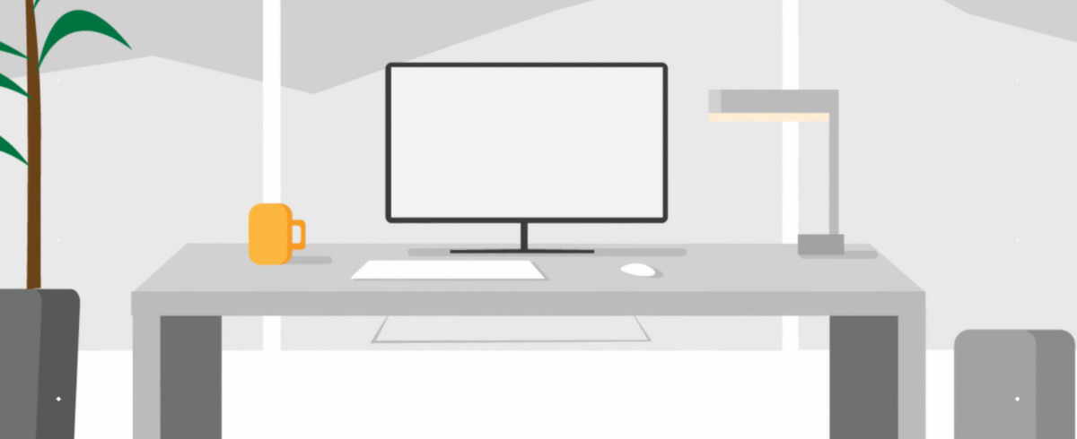 A 2D illustration of a computer desk featuring a computer with a white screen displayed.