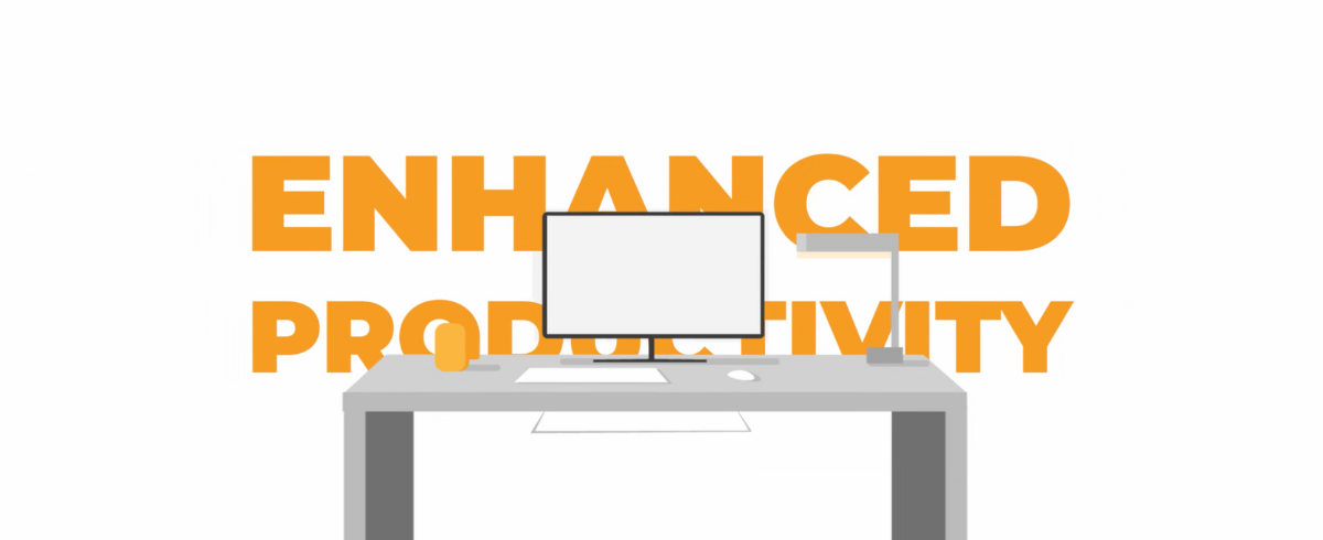 A 2D illustration of a computer desk featuring a computer with a white screen. Bold orange text at the back reads "Enhance Productivity.