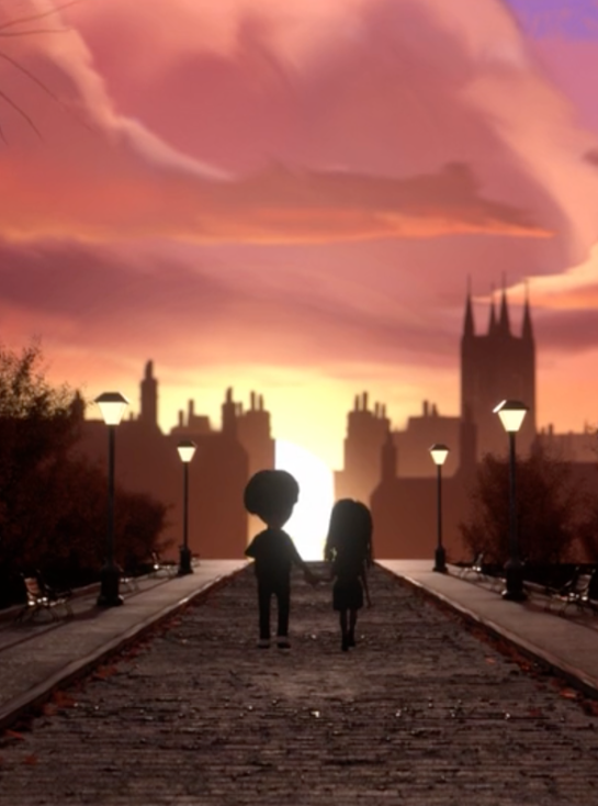Animated sunset scene of two characters holding hands on a cobblestone path, capturing the storytelling magic of a top creative agency.