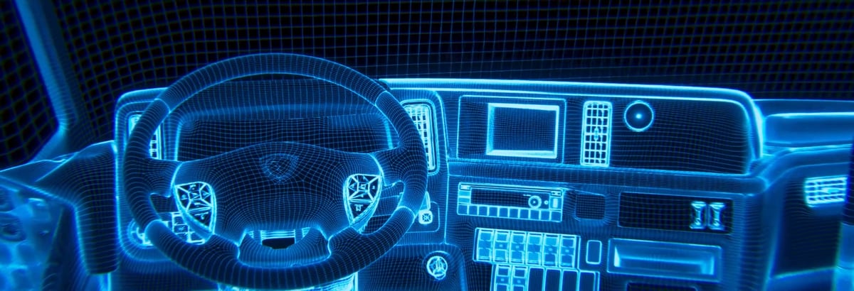 An image featuring a rendering illustration of a school bus steering wheel and the front control area, depicted in a blue neon hologram style