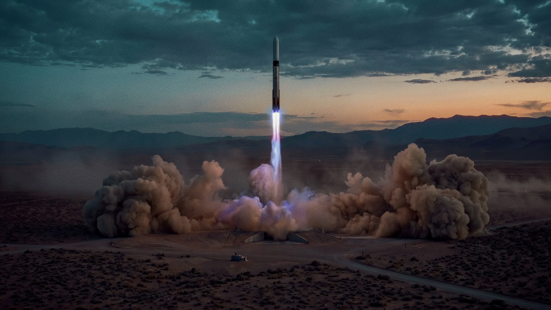 Liftoff. The rocket cuts through twilight as billowing dust and exhaust roll across the desert floor.