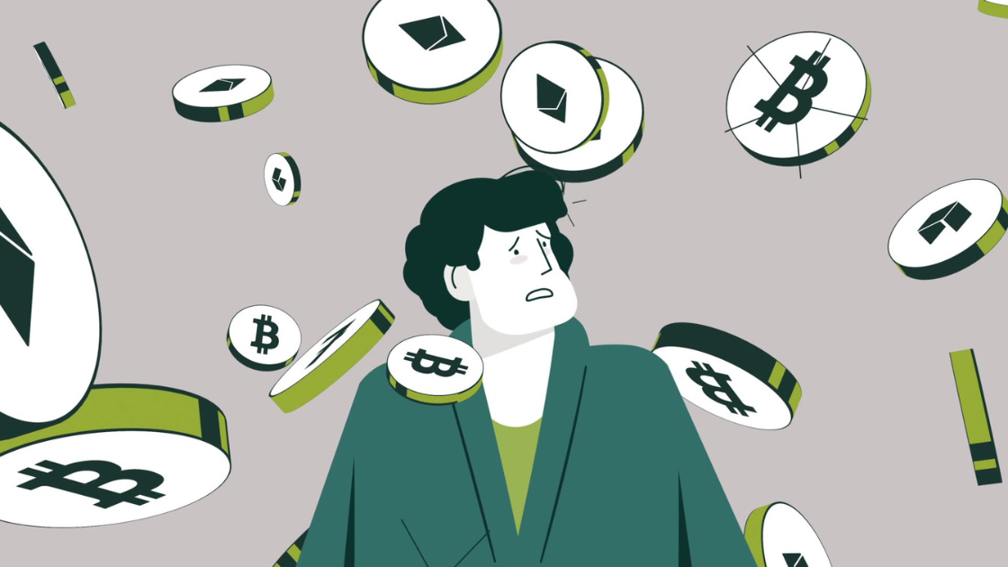 A defeated character stands frozen at center while a cascade of crypto coins tumbles down around him in choreographed parallax, dramatizing the avalanche of lost funds.