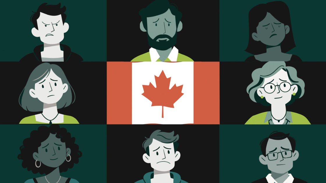 A 3x3 grid of worried Canadian faces blinks to life around a centered maple leaf flag, each portrait staggering in to underscore the scale of national impact.
