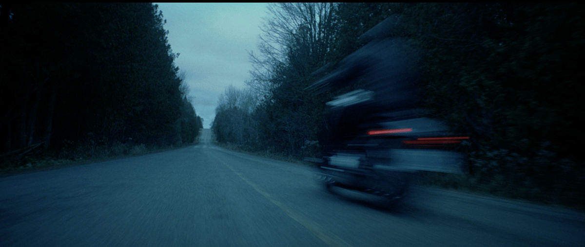A motorcycle captured in motion as it travels on the road, flanked by tall trees on the sides.