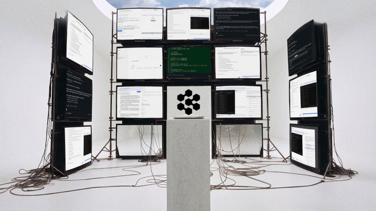 Wide hero shot of the entire monitor wall, now crowned by a skylight oculus, as the Cognition hex-mark holds dead-center on the plinth like an altar.
