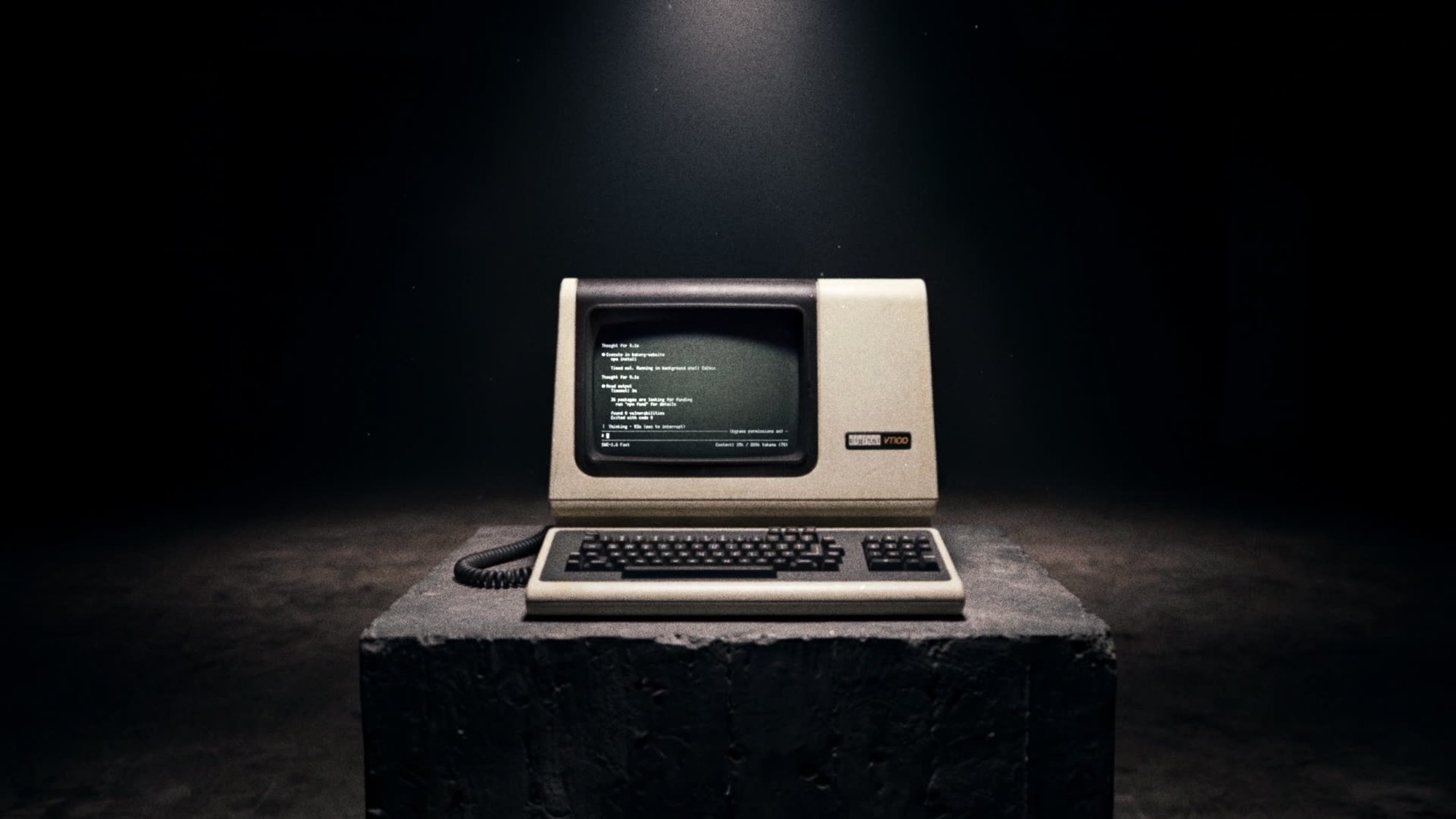 Tight push-in on the CRT as phosphor-green Devin output streams line-by-line across the screen, the machine alive with thinking.