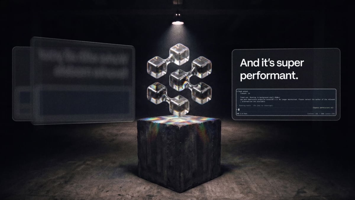 The crystal mark crystallizes into polished chrome and levitates dead-center as flanking holographic UI panels glide in, the right card landing the kicker: "And it's super performant.