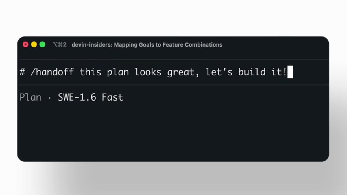 A single terminal window floats in clean negative space, cursor blinking after the typed handoff command "/handoff this plan looks great, let's build it!" — punctuating the pitch.