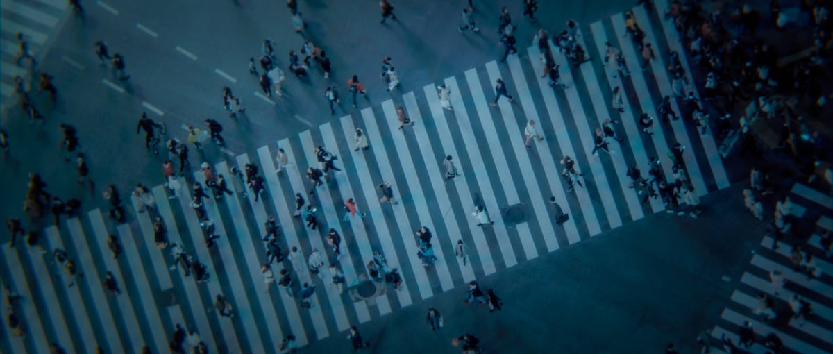 An overhead image capturing pedestrians as they pass through.