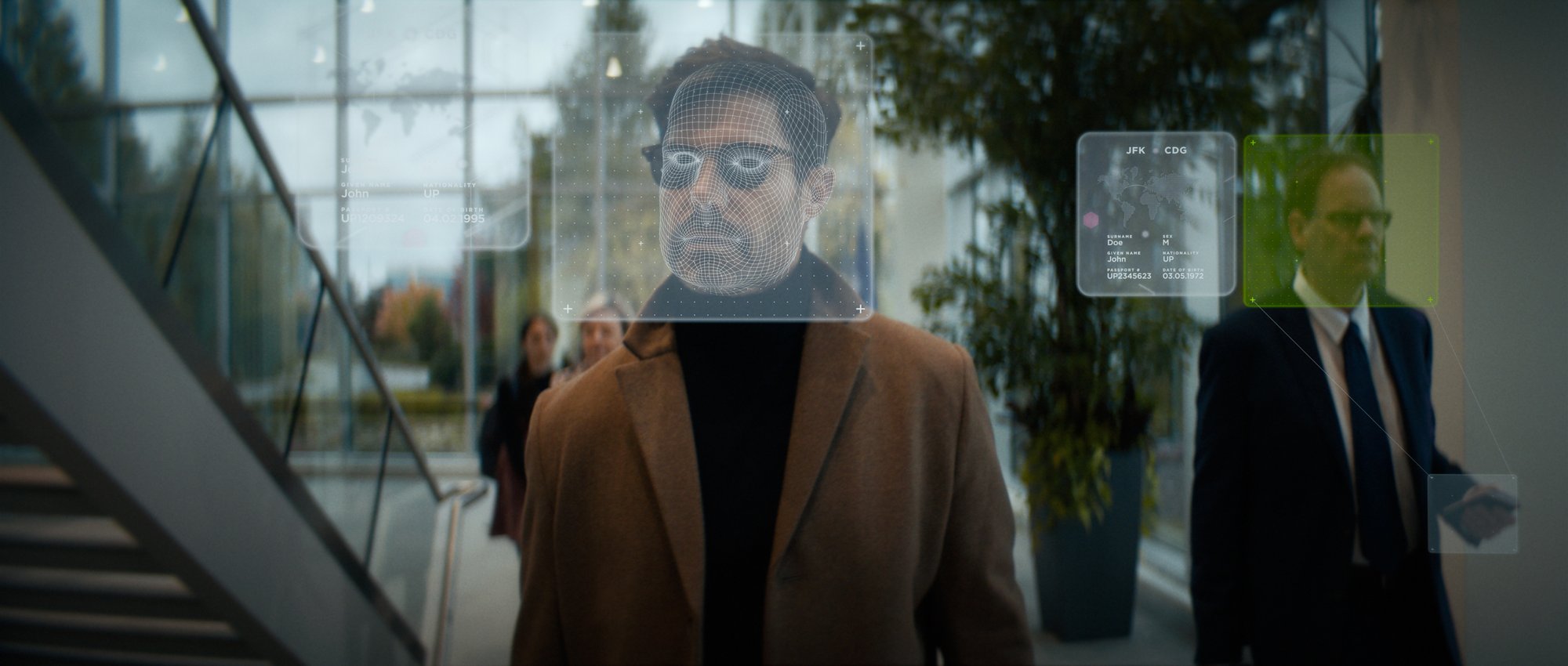  A man wearing eyeglasses walking with a hologram effect on his face.