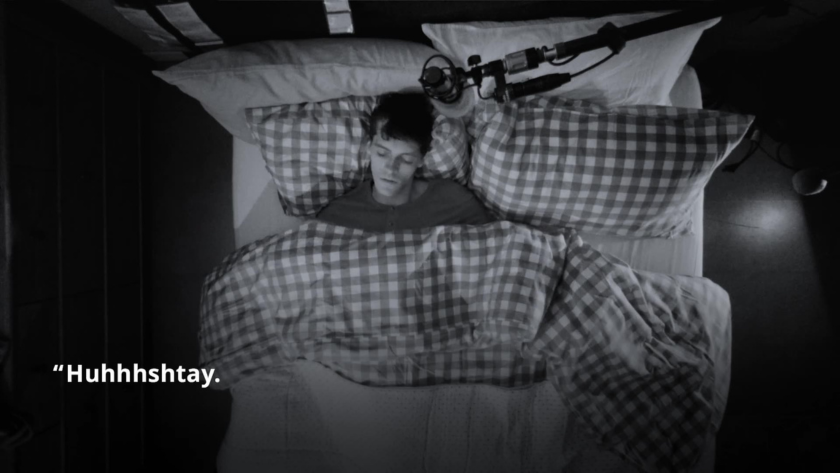 Overhead night vision captures the intimate quiet of sleep, as the rig records every unconscious thought.
