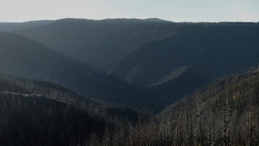 A wide landscape view reveals the scorched and rugged terrain of wildfire country, setting the stage for the episode’s environment.