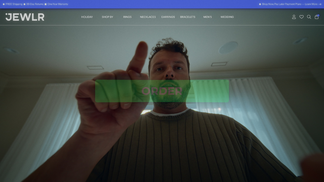 A bearded man attempting to place an order online, with his fingertips hovering over the "Order" button.