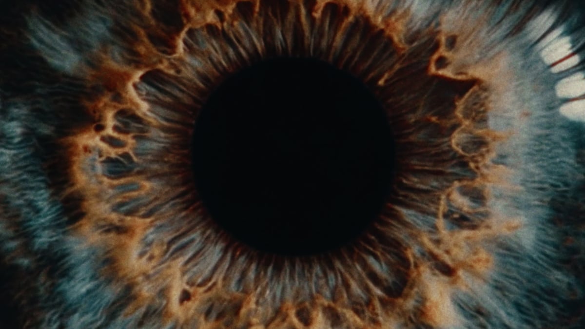 An extreme macro close-up of a human iris, showing intricate blue and amber textures radiating around a deep black pupil.