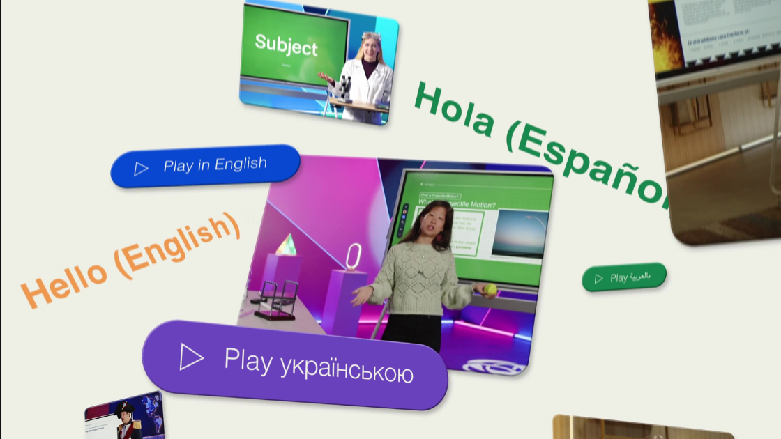An animated scene featuring teachers and students learning in multiple languages—English, Spanish, Ukrainian, and Arabic—highlighting Subject’s global, accessible learning experience.