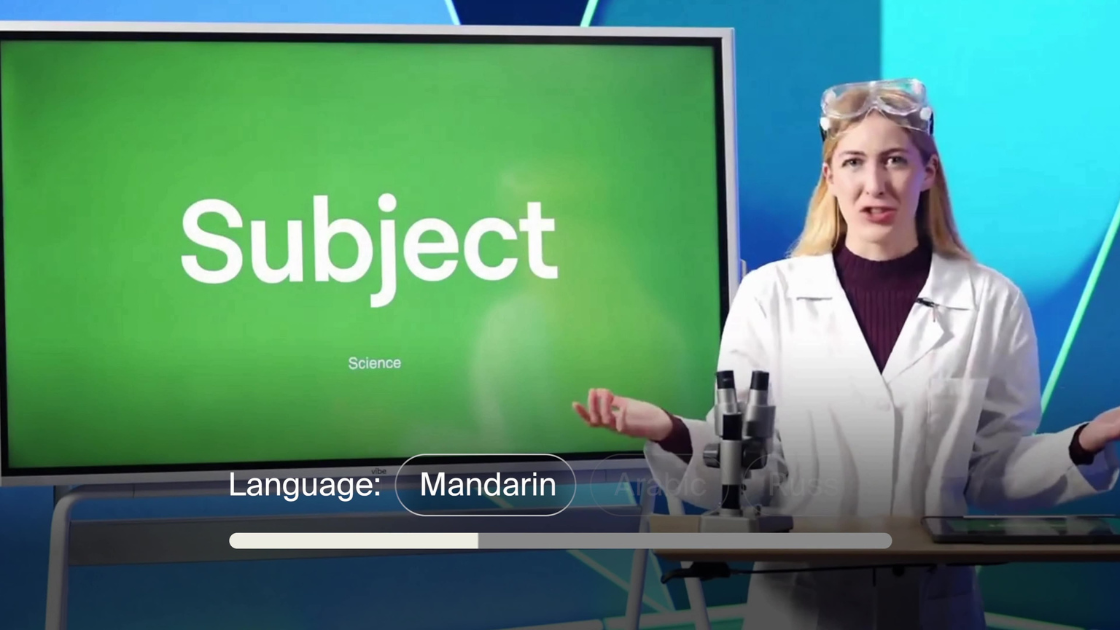 A teacher in a lab coat stands in front of a green digital screen labeled "Subject – Science,” delivering animated content in Mandarin as part of Subject’s multilingual offering.