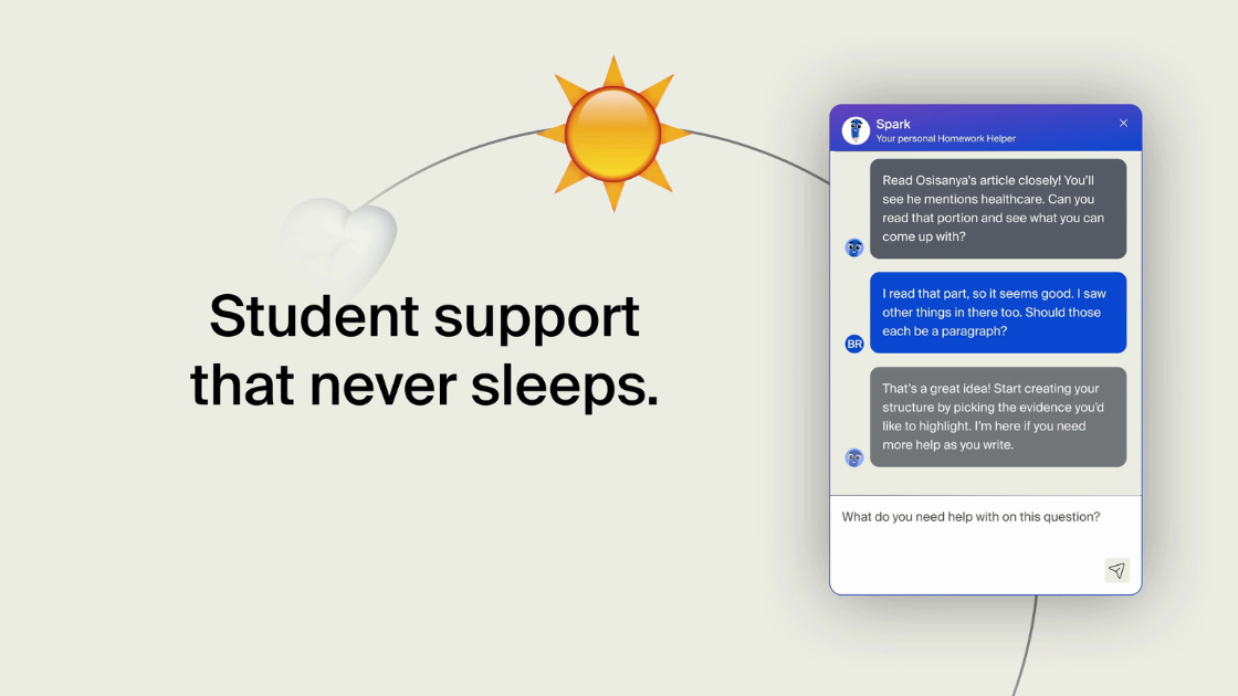 A 24/7 animated chatbot interface titled “Student support that never sleeps,” illustrating Subject’s commitment to always-on academic help.