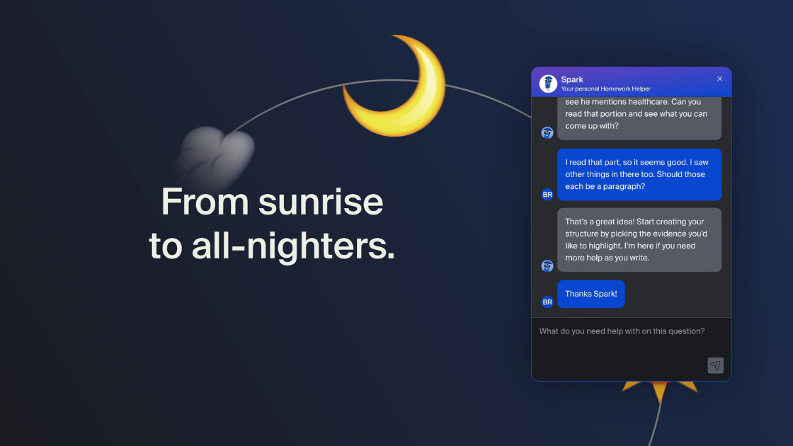 An animated chatbot interface with the phrase "From sunrise to all-nighters" visualizes 24/7 AI-powered homework support for students using the Subject platform.