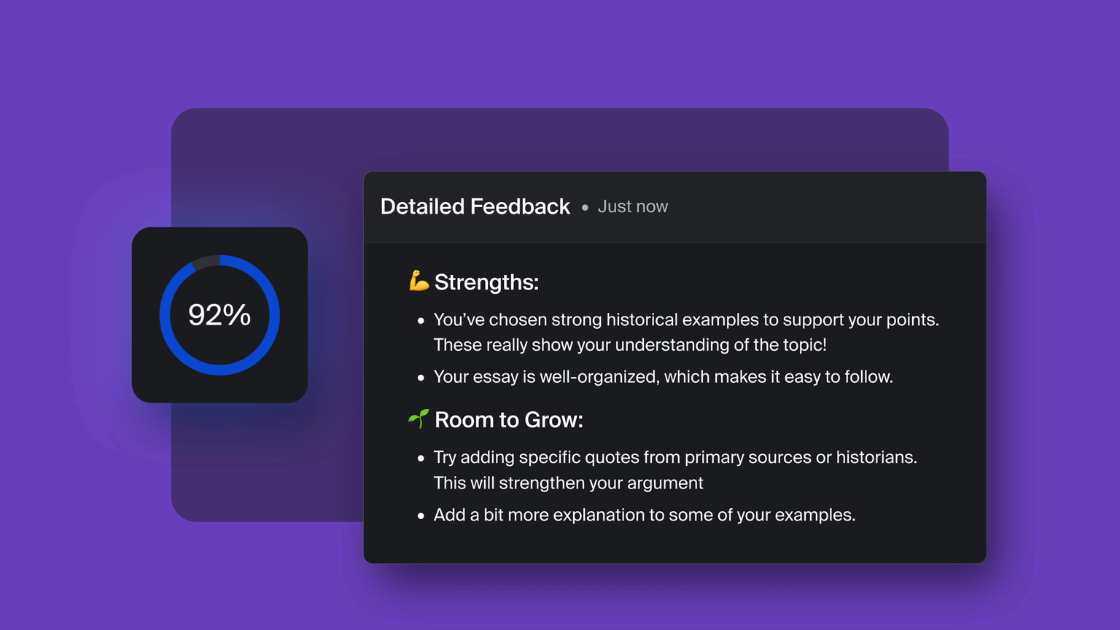 A modern educational dashboard offering animated, real-time feedback on student performance—showing strengths and growth areas with a clean, purple interface.