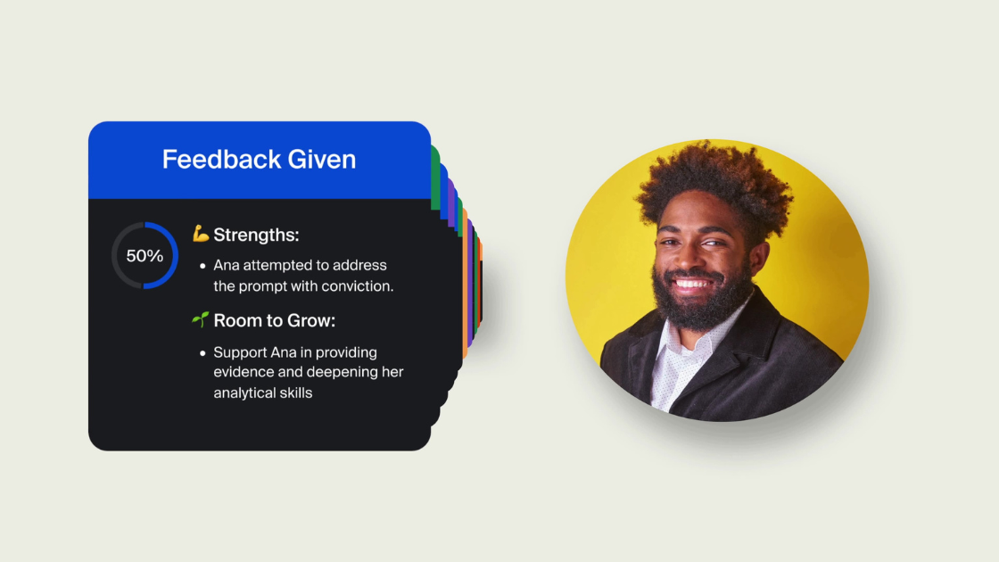 A feedback dashboard showing personalized insights for a student, paired with a portrait of a smiling teacher—showcasing Subject’s blend of data-driven animation and human connection.