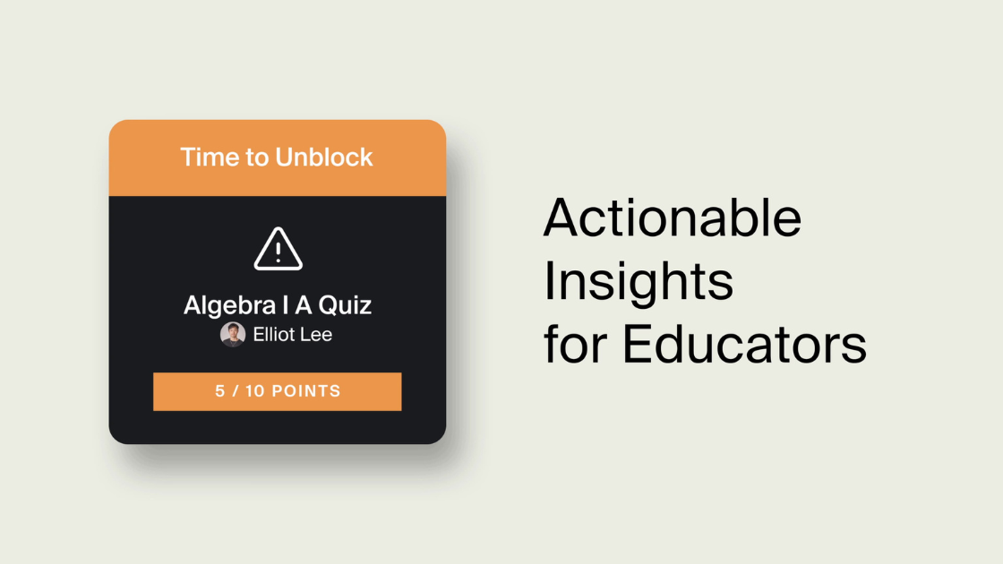 An animated UI alert for a quiz in Algebra I, titled “Time to Unblock,” offering actionable performance insights for educators within the Subject platform.