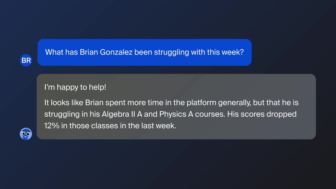 An animated chat interface showing an AI assistant providing real-time learning feedback about a student’s performance in Algebra and Physics, highlighting Subject’s smart education tools.