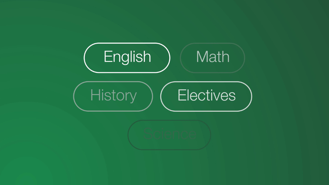A clean, modern interface displaying animated course categories—English, Math, History, Electives—visualizing Subject’s intuitive learning platform.