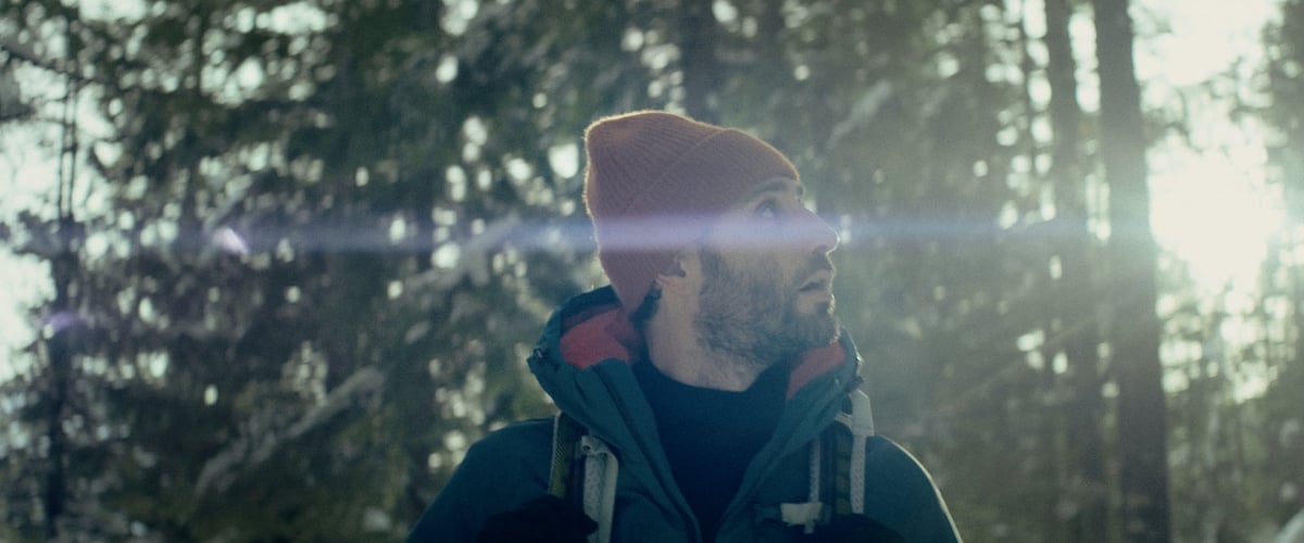 A man gazes to his side, situated within a forest of towering, majestic trees, all against the backdrop of stunning weather.