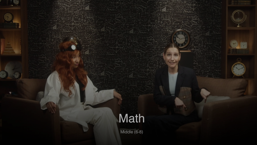 An engaging educational scene by Ajax Creative for Subject, where two presenters animate a math lesson against a backdrop of formulas and clocks