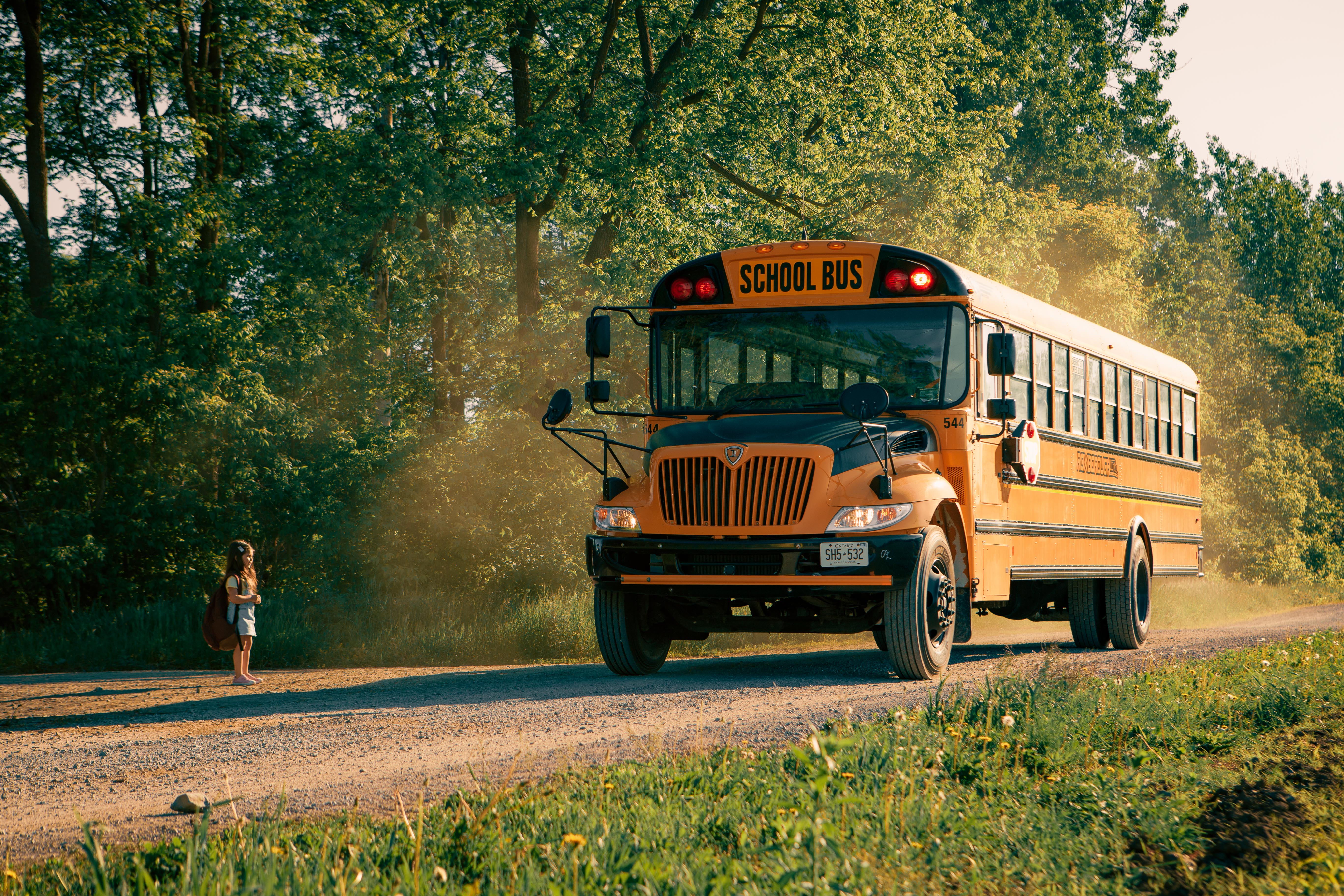 A young child standing on the side of the road. A school bus is pulling up on the dirt road beside him. Trees are to the left of the boy and a field is on the other side of the bus.