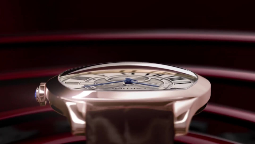 A refined close-up of a luxury wristwatch displayed in cinematic lighting. The polished rose-gold casing, intricate dial details, and elegant curvature are accentuated against a deep burgundy backdrop—suggesting craftsmanship, precision, and timeless design, ideal for a high-end horology campaign.