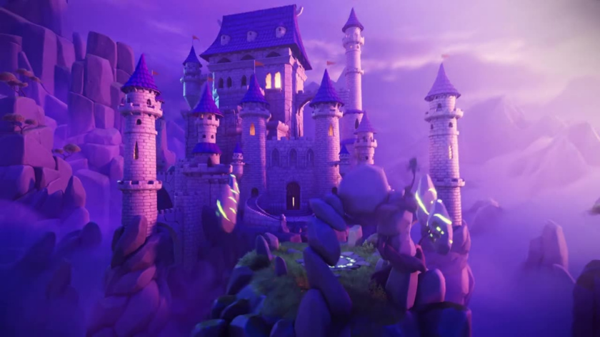 A dreamy, purple-hued animated castle set atop floating rocks, surrounded by mist and glowing magical runes. The architecture resembles a fantastical kingdom with tall towers, spires, and flags fluttering in a surreal mountainous landscape—evoking themes of magic, adventure, and childlike wonder.