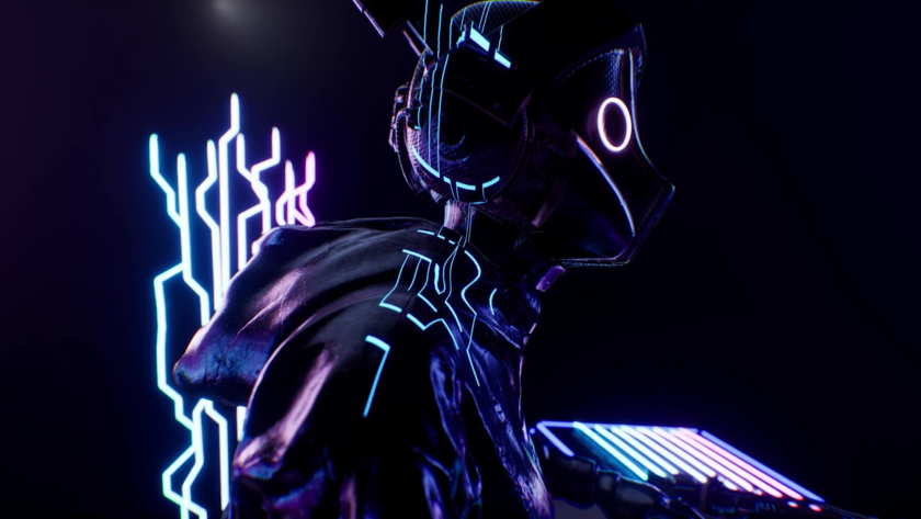 A stylized cybernetic figure adorned with glowing circuitry and a helmet with a circular visor, set against a dark background lit by geometric neon patterns. This image channels a high-tech, dystopian energy—combining sleek, futuristic fashion with digital art aesthetics.