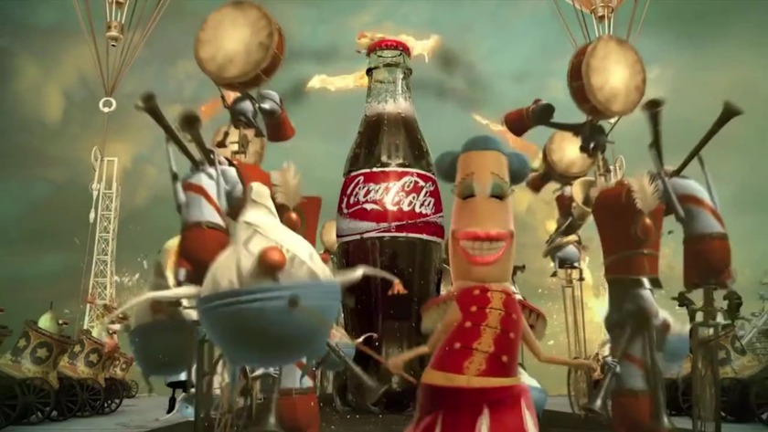 Whimsical animated characters march in celebration around a Coca-Cola bottle, delivering joy straight from a surreal dreamland.
