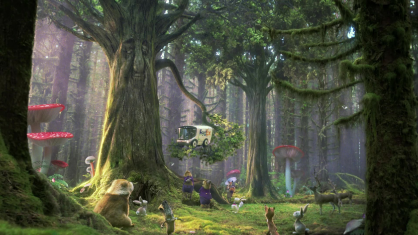 A FedEx truck floats through a magical forest of talking trees and woodland creatures, blending logistics with fantasy storytelling.