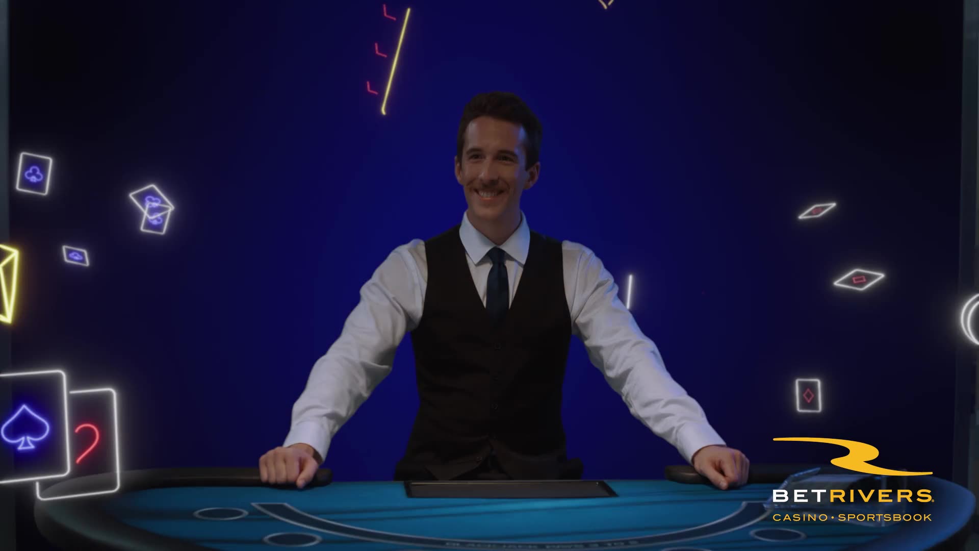 A dealer in a vest presides over a glowing casino table surrounded by floating game graphics.