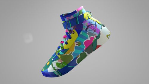 3D photo of a sneaker with lots of colours all over it