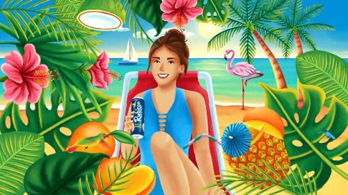 Cartoon image of a girl sitting on a beach chair holding a Rubicon canned drink with tropical plants surrounding her and a beach behind her.