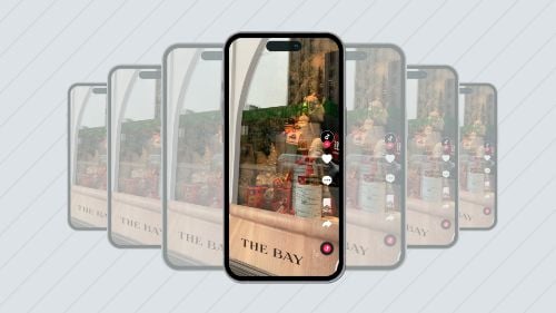A phone cloned over and over with a TikTok video of The Bay window on the phone