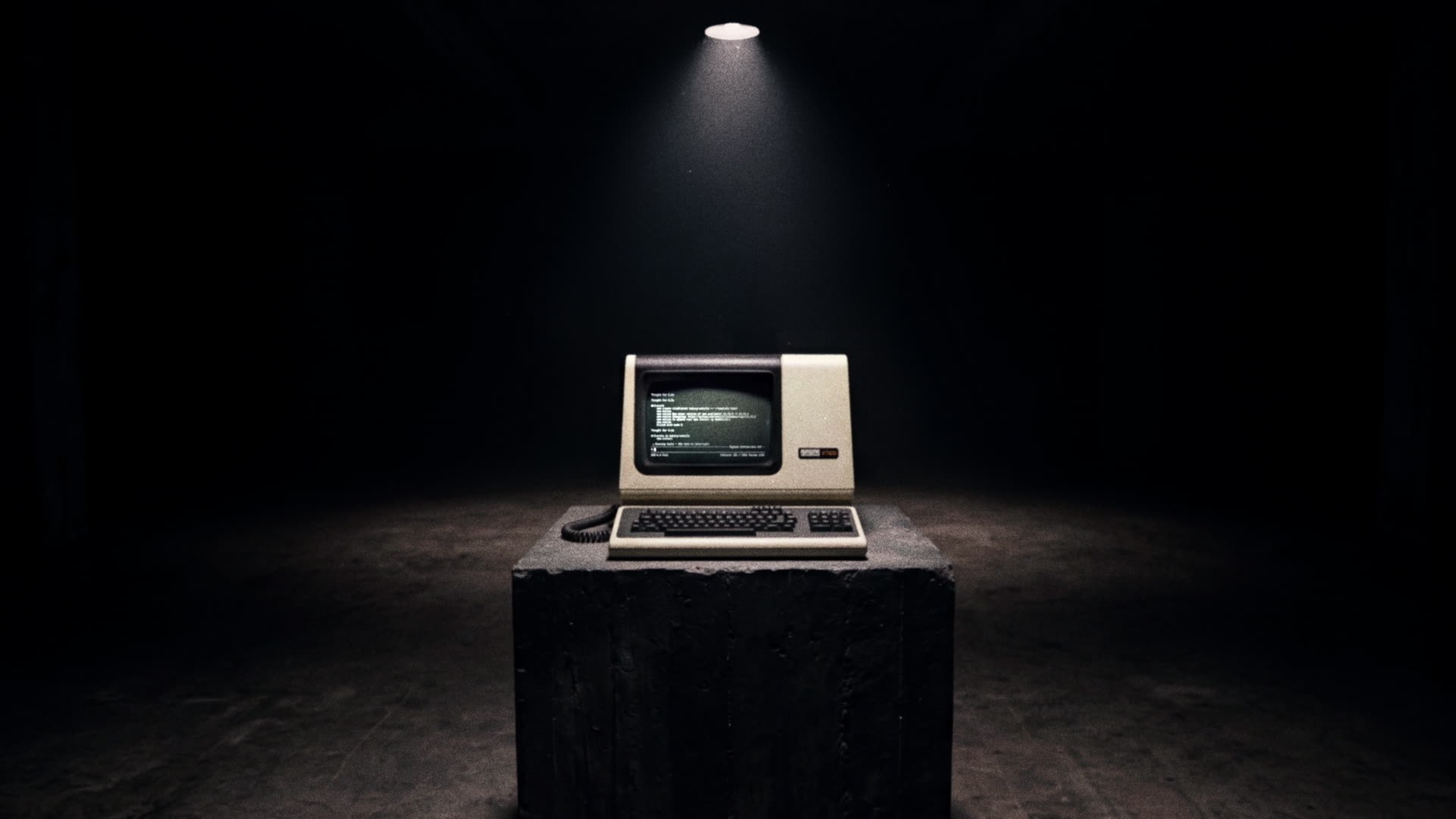 Tight push-in on the CRT as phosphor-green Devin output streams line-by-line across the screen, the machine alive with thinking.