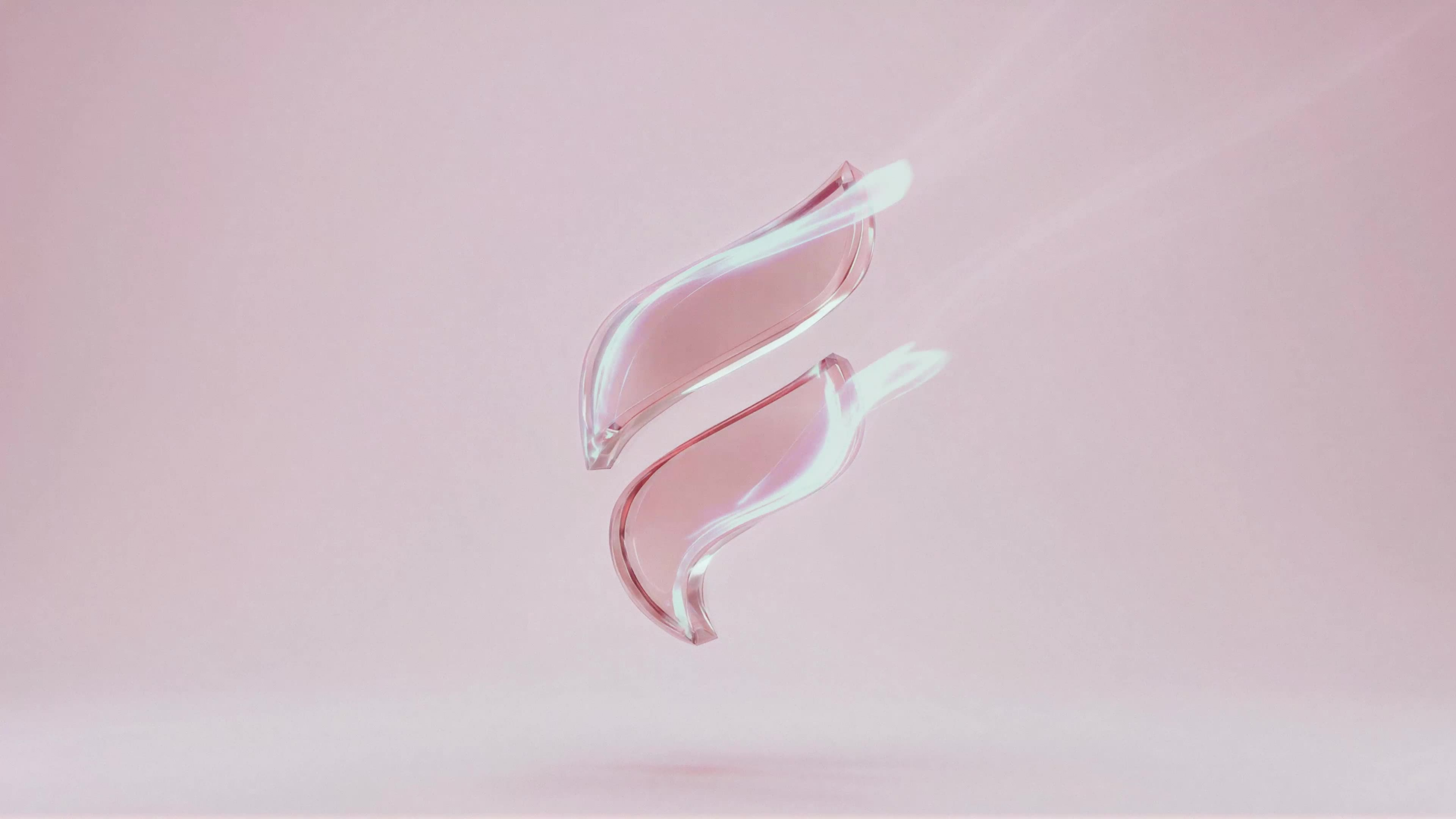 Sculptural 3D form twists against a pink gradient in the Feathery brand video