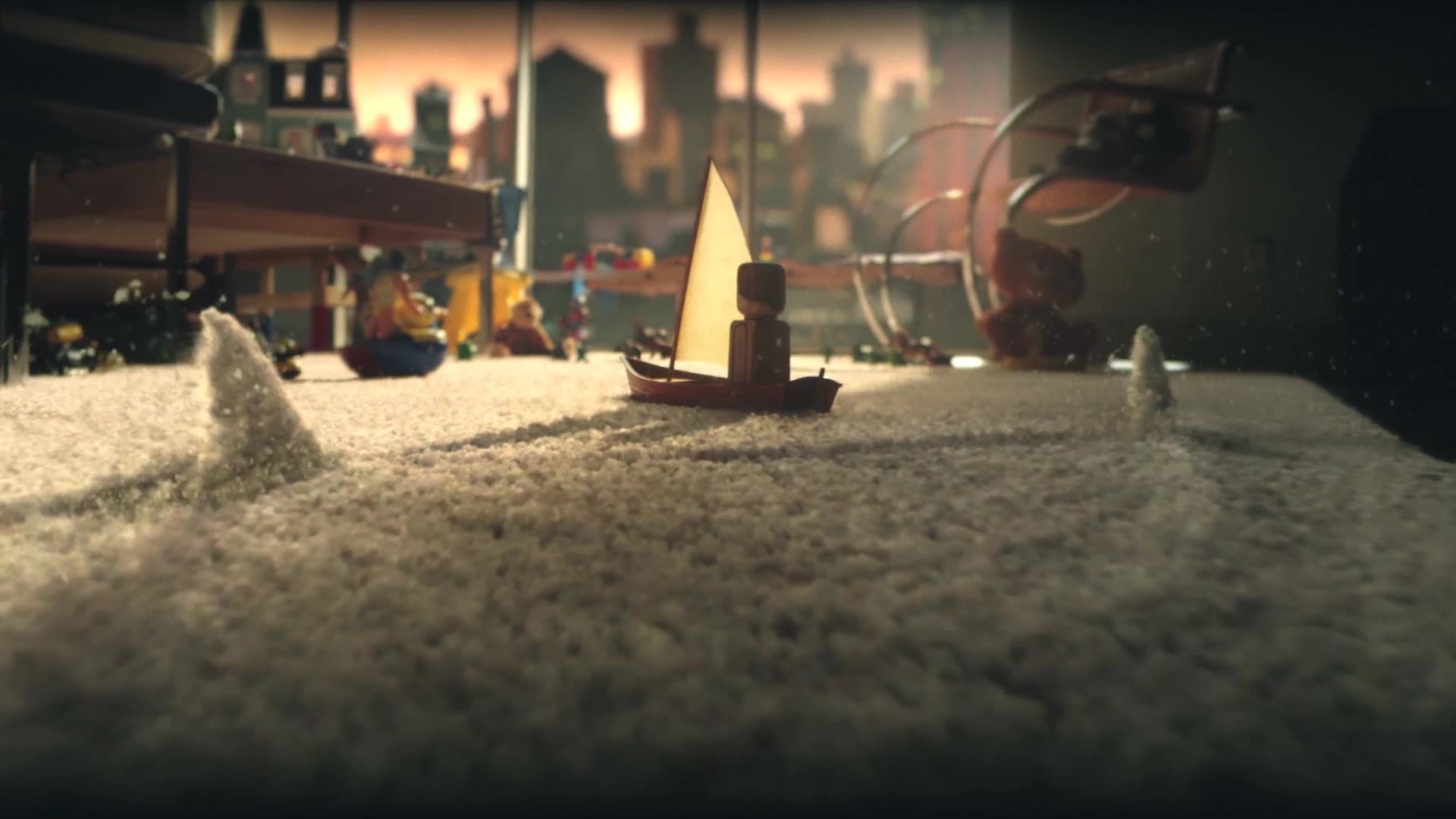 A toy sailboat glides across a carpet-turned-ocean in a child’s room, transforming imagination into an epic miniature adventure.